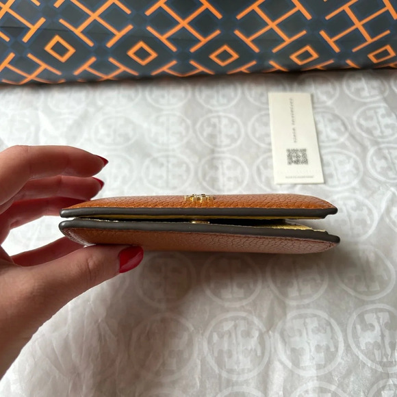 Tory Burch Blake Color Block Mini Wallet Bourbon Cornbread Brown Tan Gold Yellow - Picture 3 of 9
